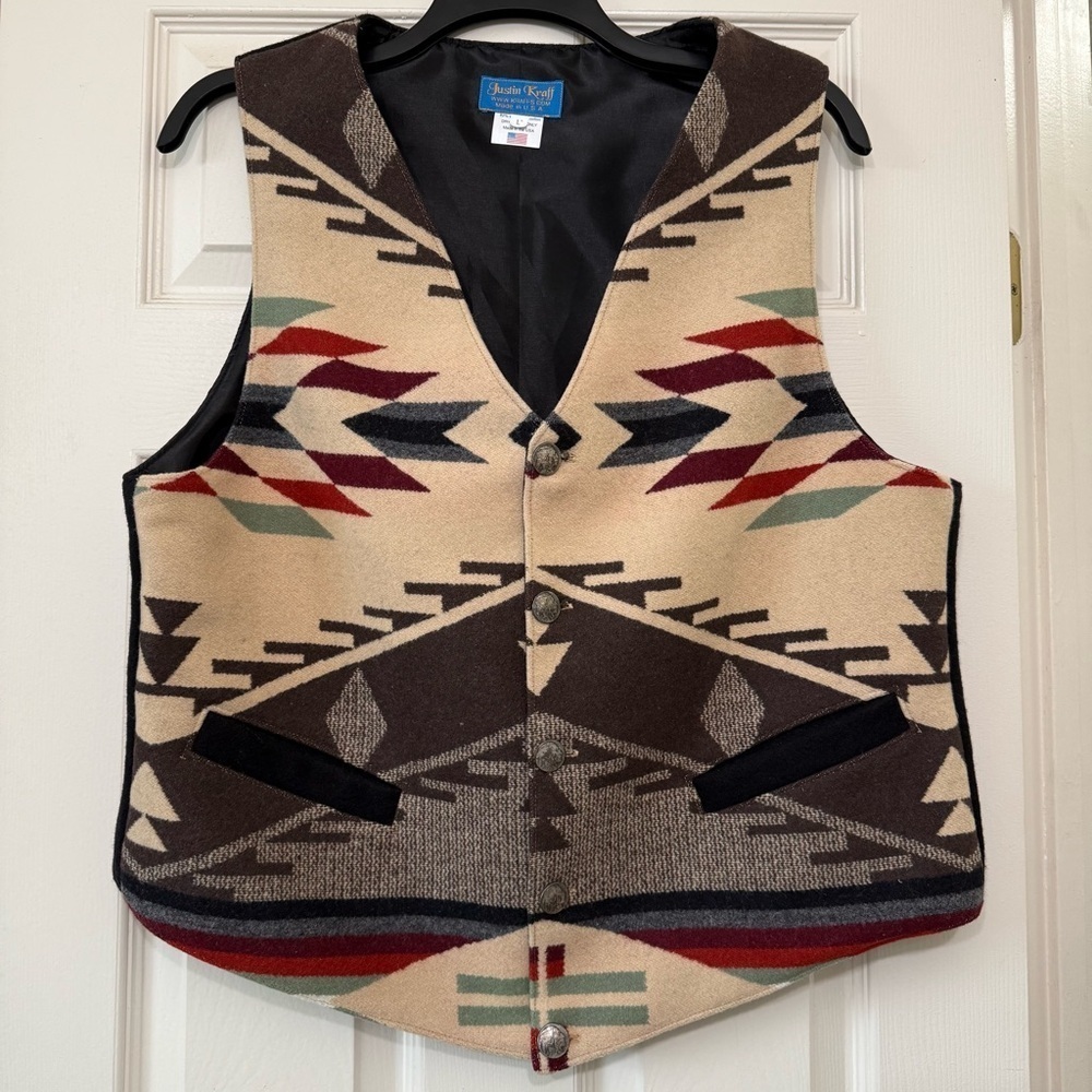 Justin Kraff Vintage USA Made Wool Blend Southwestern Tribal Vest Western Large